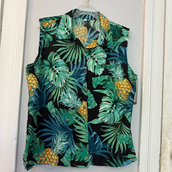 Tropical Sleeveless Button Up Collared Non-Wrinkle Tank Top Shirt - Picture 4 of 6